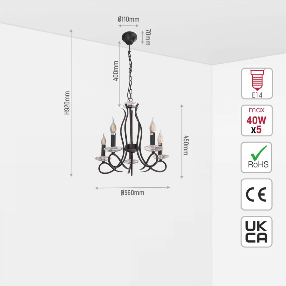 Pictor Candle Vintage Rustic Black French Chandelier Ceiling Light - Available in 3, 5 & 8 Candles