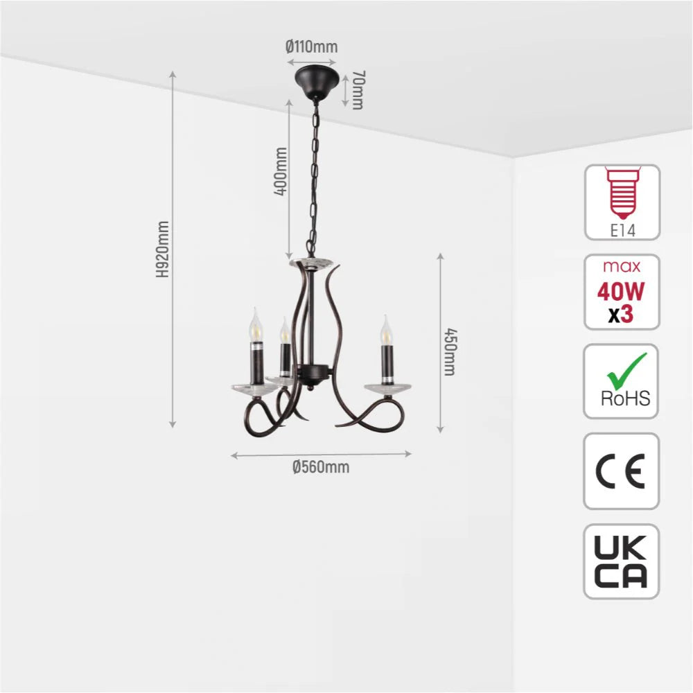 Pictor Candle Vintage Rustic Black French Chandelier Ceiling Light - Available in 3, 5 & 8 Candles