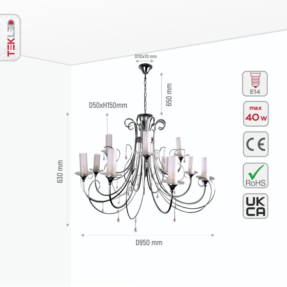 Scorpius - Opal Cylinder Glass Chrome Candle Metal Arm Ceiling Chandelier Light E14 - Available in 3, 8 & 12 Candles