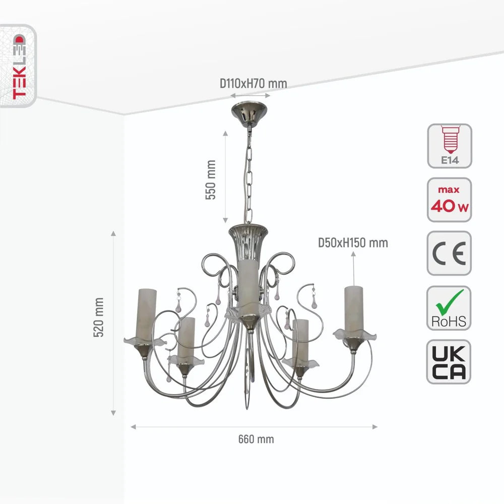 Scorpius - Opal Cylinder Glass Chrome Candle Metal Arm Ceiling Chandelier Light E14 - Available in 3, 8 & 12 Candles