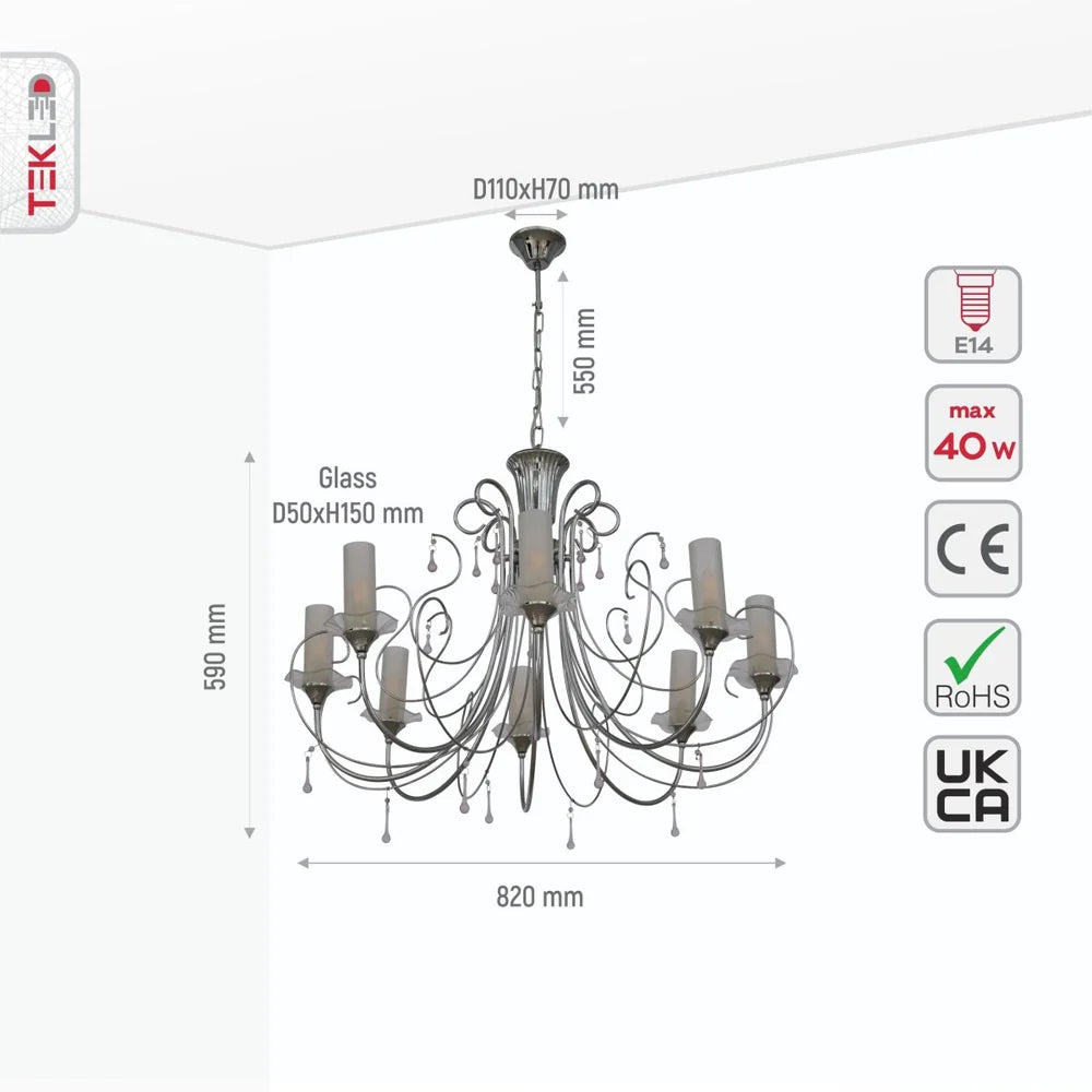 Scorpius - Opal Cylinder Glass Chrome Candle Metal Arm Ceiling Chandelier Light E14 - Available in 3, 8 & 12 Candles