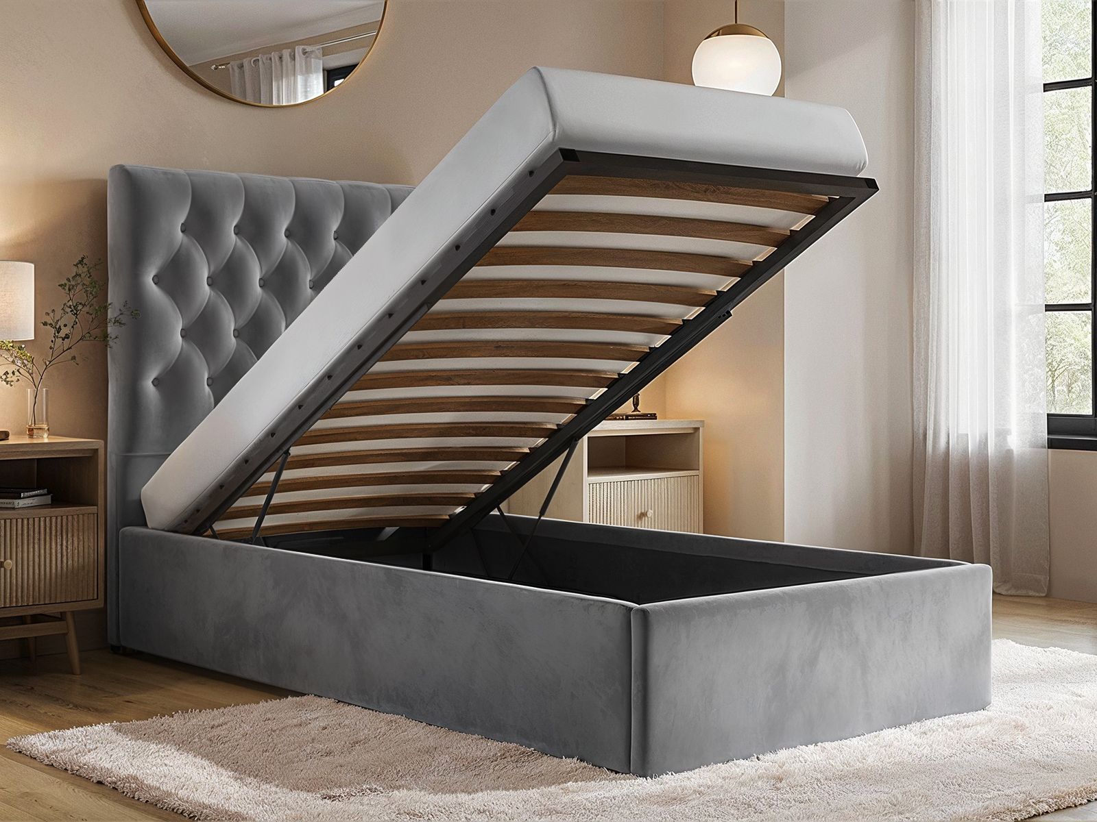 Luxury Milan Velvet Single Ottoman/Storage Bed - Available in Steel Grey or Blush Pink - Mattress Options