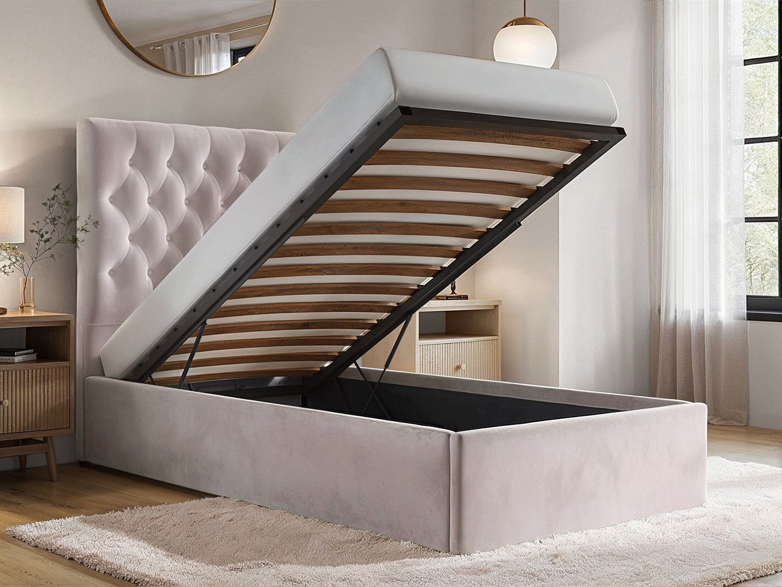 Luxury Milan Velvet Single Ottoman/Storage Bed - Available in Steel Grey or Blush Pink - Mattress Options