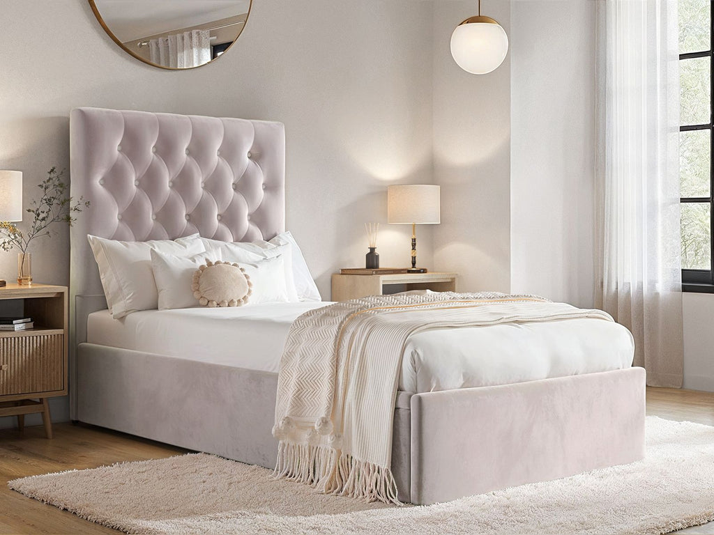 Luxury Milan Velvet Single Ottoman/Storage Bed - Available in Steel Grey or Blush Pink - Mattress Options