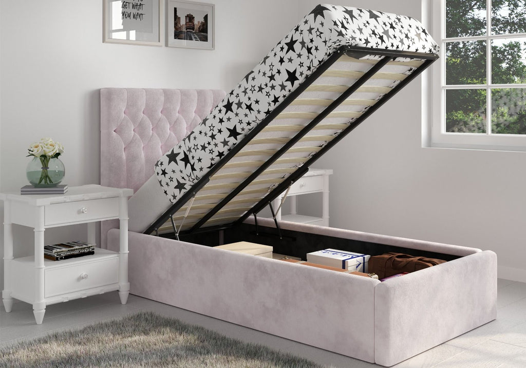 Luxury Milan Velvet Single Ottoman/Storage Bed - Available in Steel Grey or Blush Pink - Mattress Options