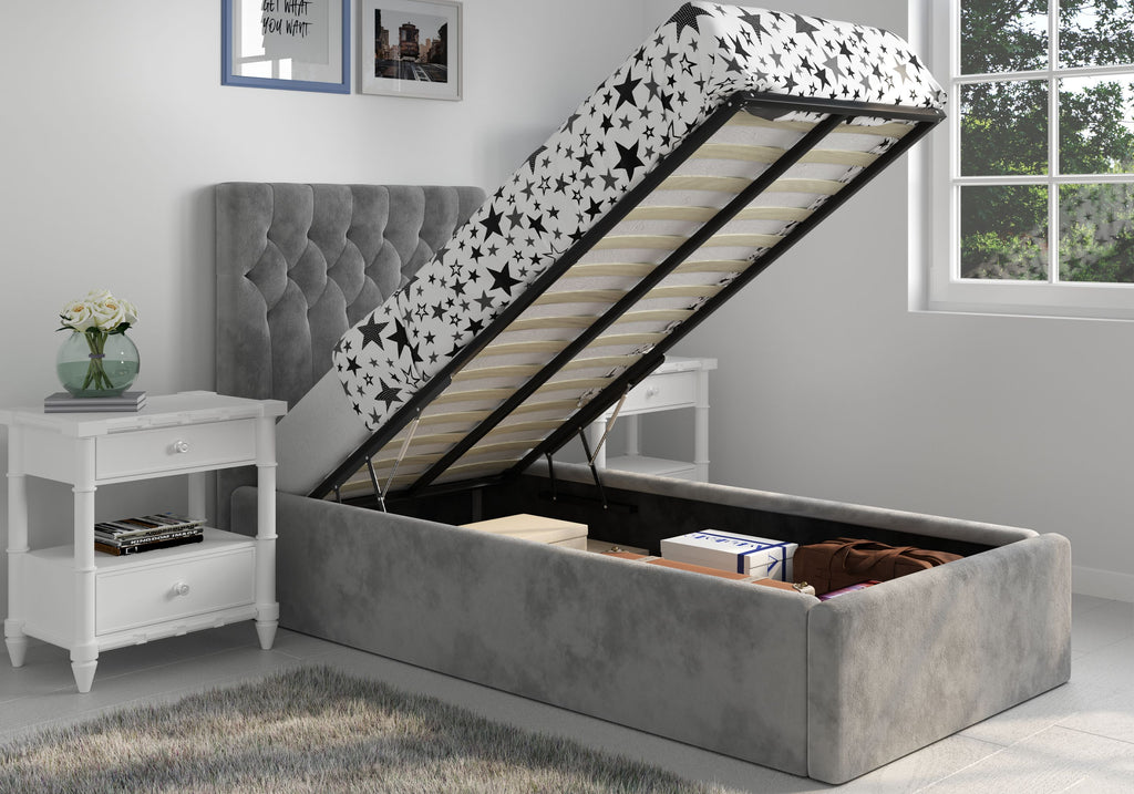 Luxury Milan Velvet Single Ottoman/Storage Bed - Available in Steel Grey or Blush Pink - Mattress Options