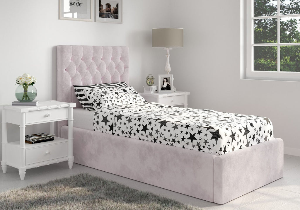 Luxury Milan Velvet Single Ottoman/Storage Bed - Available in Steel Grey or Blush Pink - Mattress Options