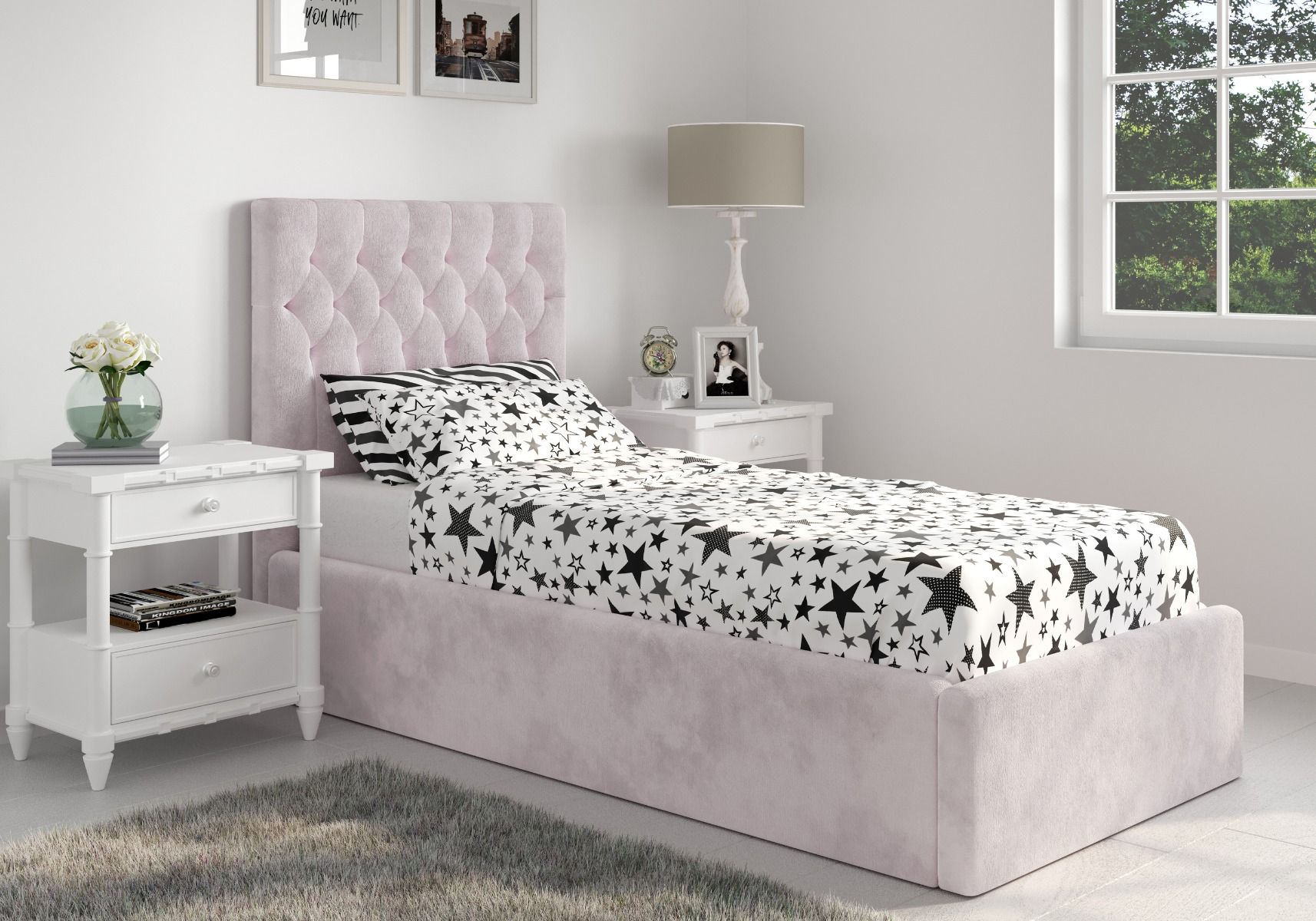 Luxury Milan Velvet Single Ottoman/Storage Bed - Available in Steel Grey or Blush Pink - Mattress Options
