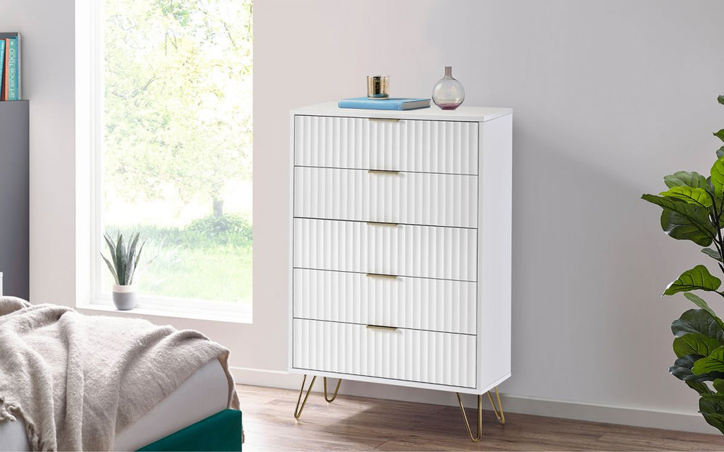 Murano Bedroom Range - In Matt White - Available in: Bedside, 3 Drawer Chest, 5 Drawer Tallboy Chest, 5 Drawer Chest, 6 Drawer Chest & 2 Door-1 Drawer Wardrobe