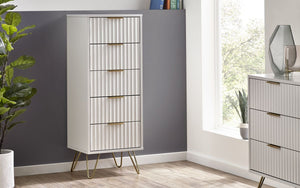 Murano Bedroom Range - In Matt White - Available in: Bedside, 3 Drawer Chest, 5 Drawer Tallboy Chest, 5 Drawer Chest, 6 Drawer Chest & 2 Door-1 Drawer Wardrobe