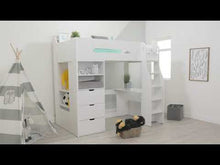 Load and play video in Gallery viewer, Cosmic High Sleeper Frame With Shelves And Desk - White
