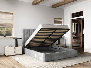 Ripped Everley Fabric Ottoman Bed Grey - Available in Double Or Kingsizes