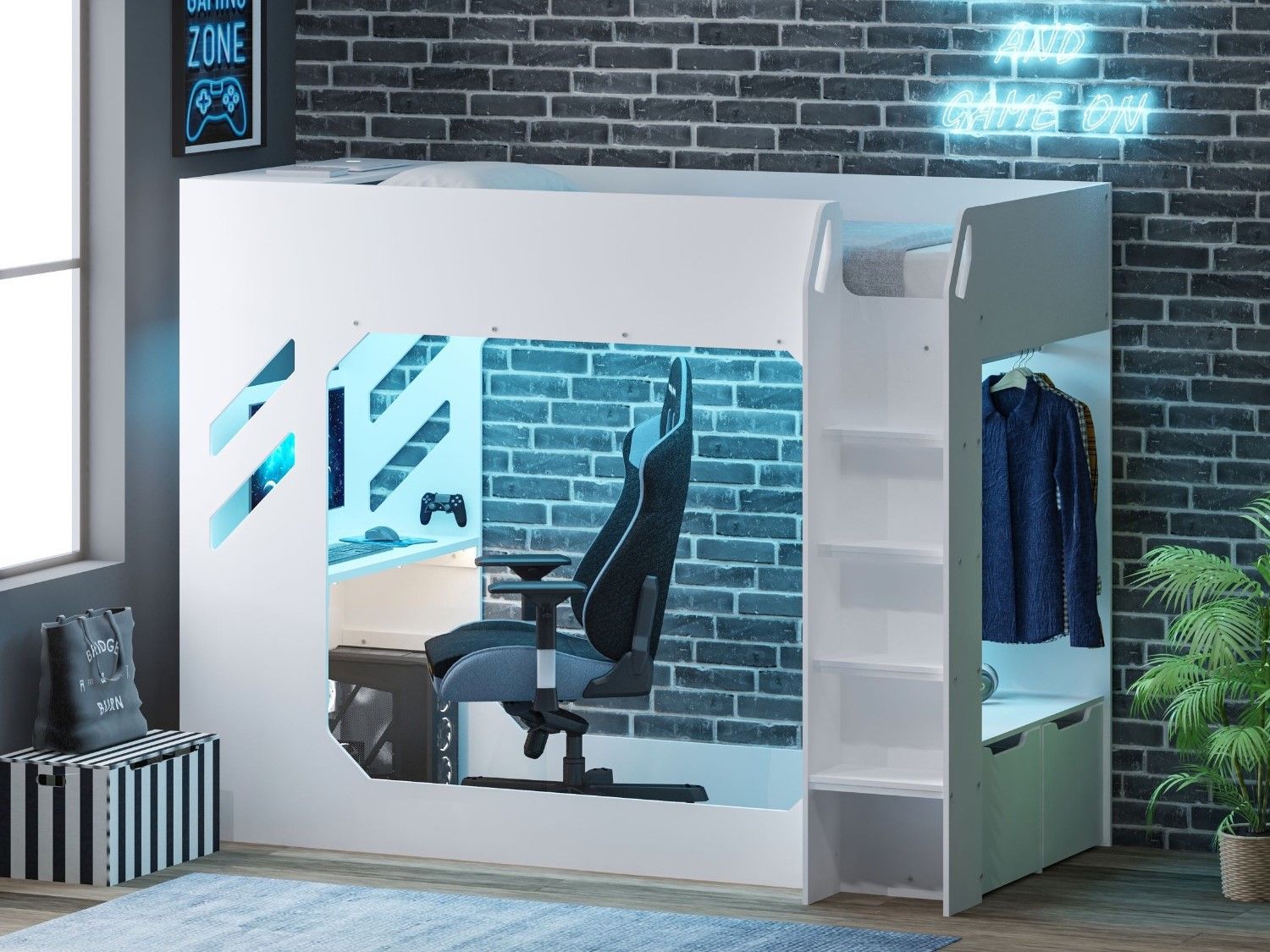 Recoil Shuttle LED Gaming Bed High Sleeper Small Double - Available in Black & Red or White