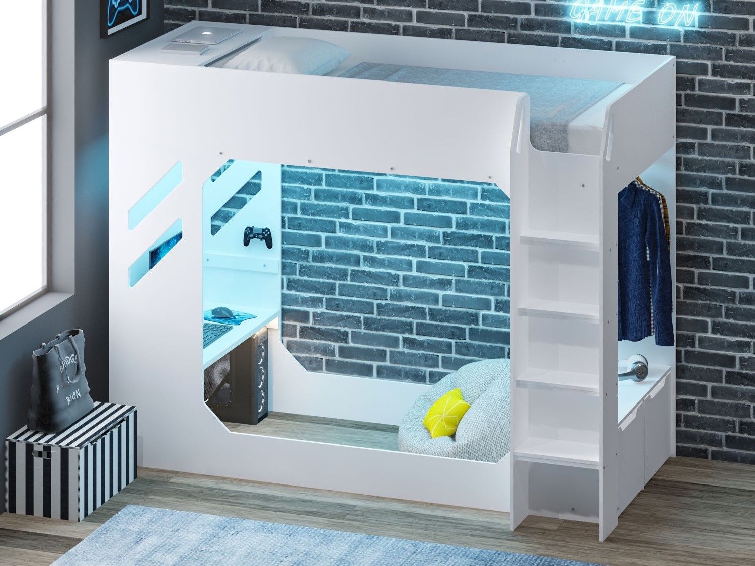 Recoil Shuttle LED Gaming Bed High Sleeper Small Double - Available in Black & Red or White