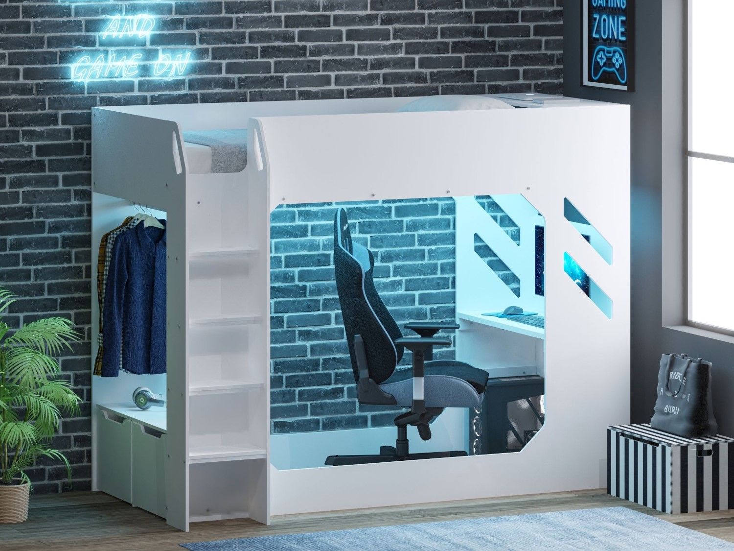 Recoil Shuttle LED Gaming Bed High Sleeper Small Double - Available in Black & Red or White