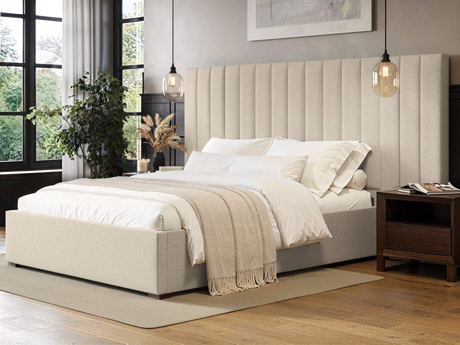 Rosita Hotel Bed With Wide Panelled Headboard Cream - Available in Double & Kingsizes - Mattress Options