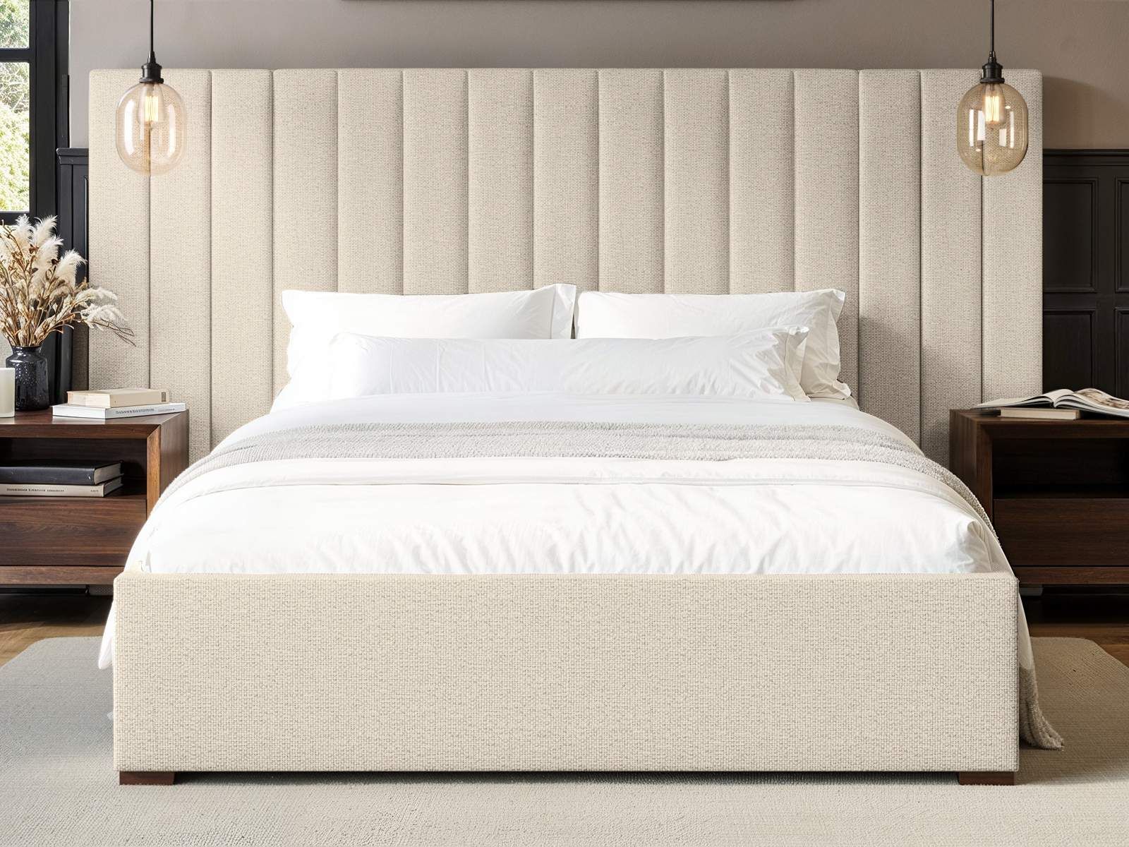 Rosita Hotel Bed With Wide Panelled Headboard Cream - Available in Double & Kingsizes - Mattress Options