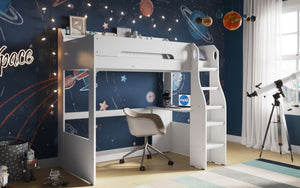 Cosmic High Sleeper Frame With Shelves And Desk - White