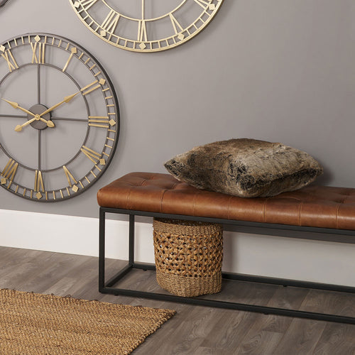 Arlo Leather & Iron Buttoned Bench - Steel Grey & Brown