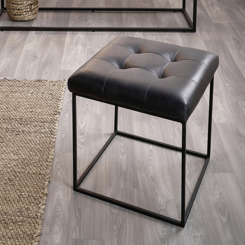 Arlo Leather & Iron Buttoned Stool - Steel Grey & Brown