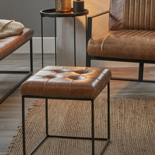 Load image into Gallery viewer, Arlo Leather &amp; Iron Buttoned Stool - Steel Grey &amp; Brown
