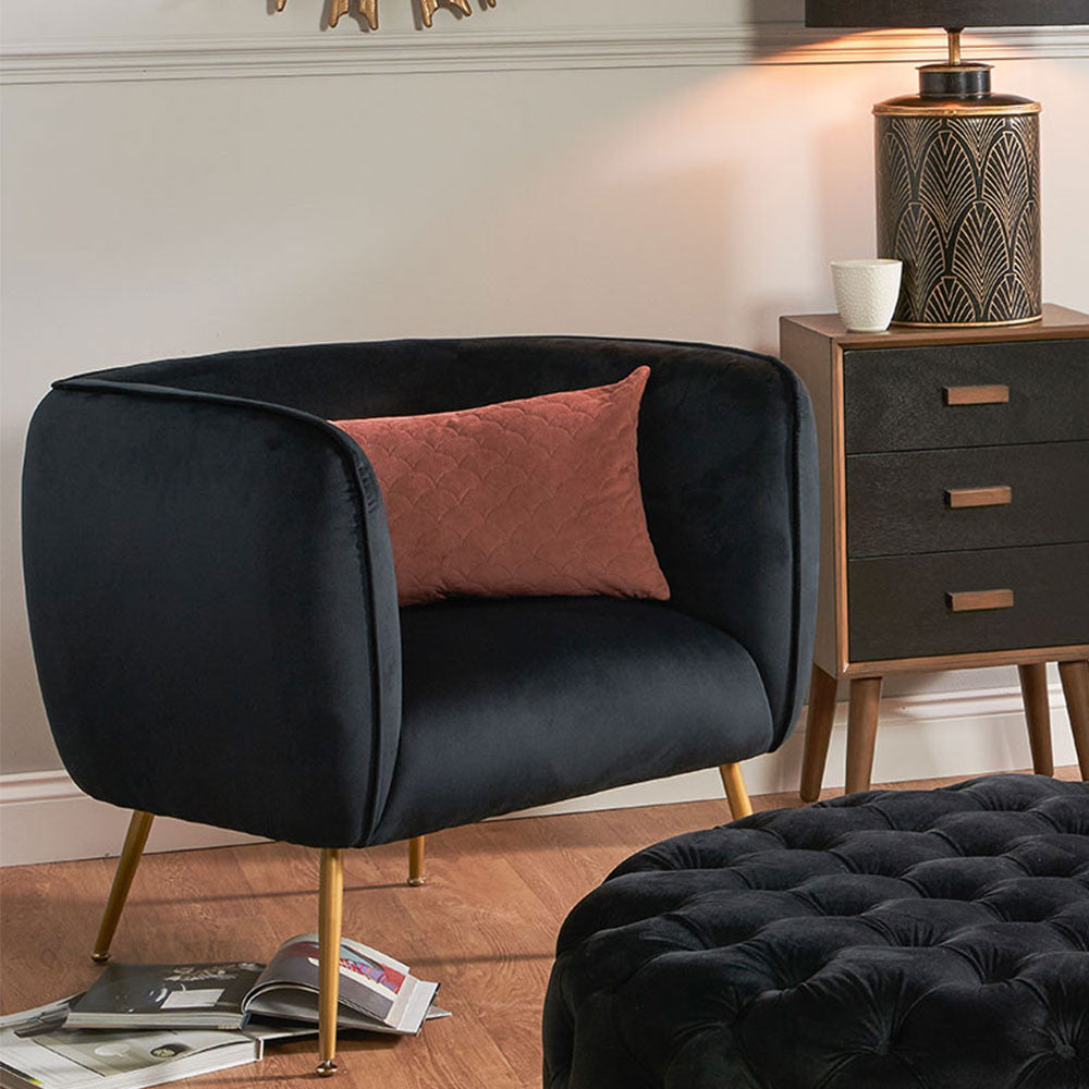 Lucca Velvet Chair with Gold Legs - Available in Black or Sapphire Blue