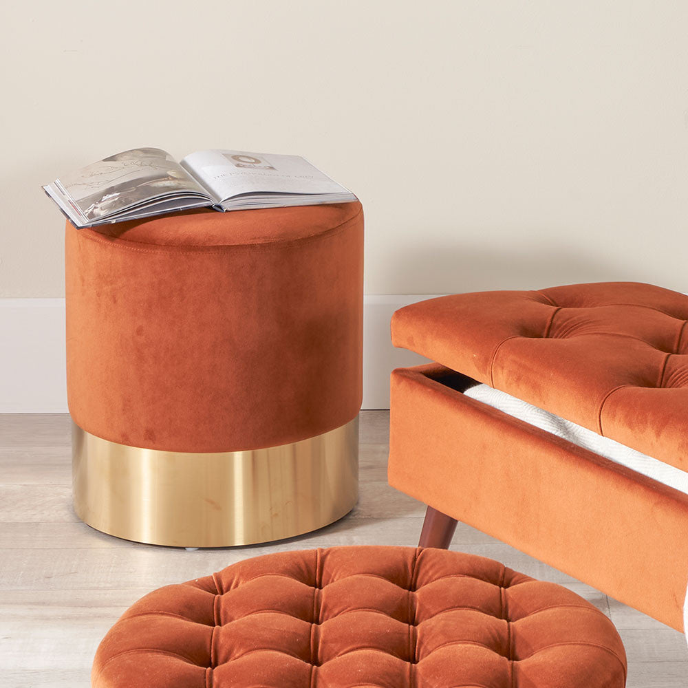 Juliana Pouffe with Gold Base - Available in Dove Grey, Tabacco & Sapphire Blue