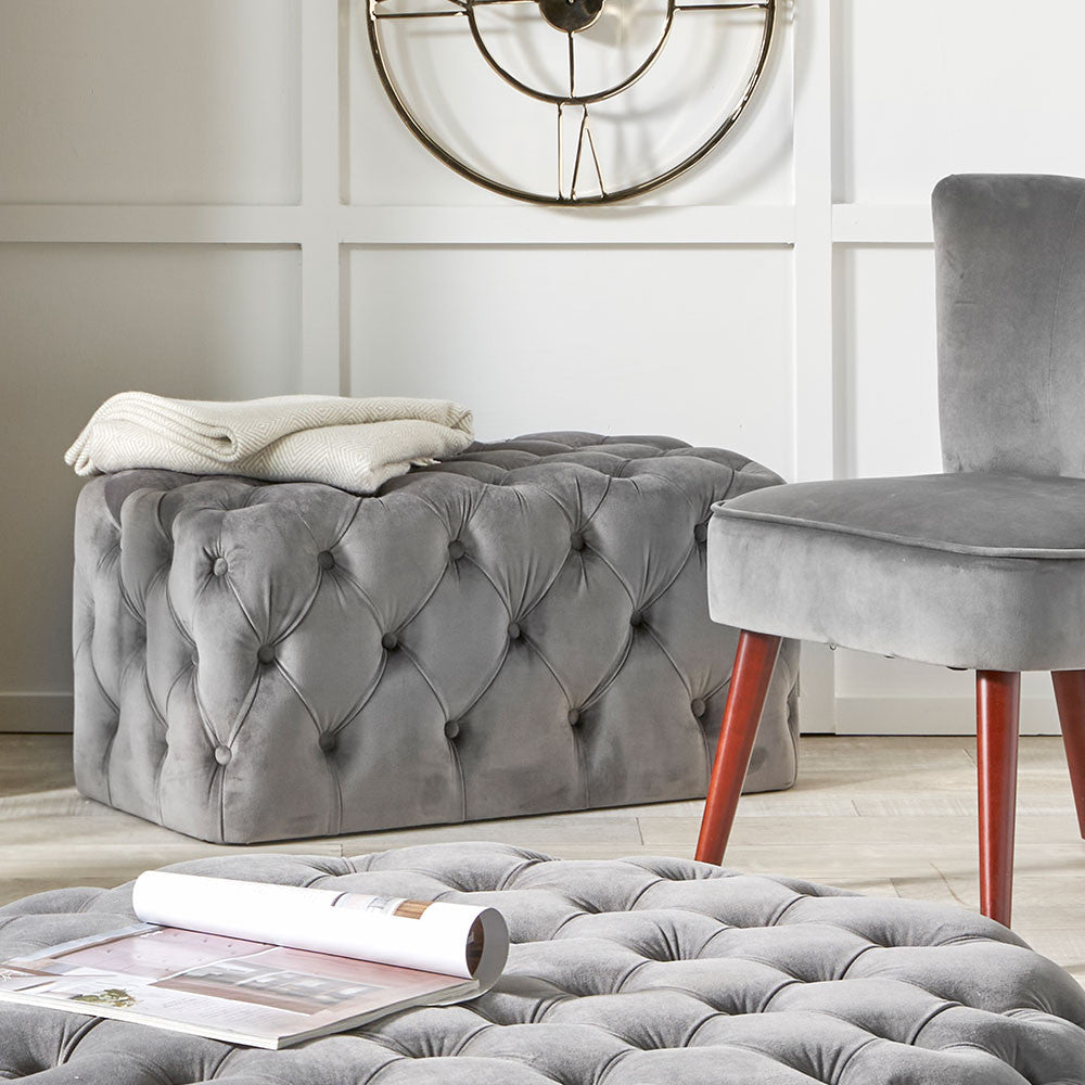 Velvet Buttoned Rectangular Ottoman - Available in Forest Green, Rasberry, Dove Grey, Sapphire Blue, Blush Pink, Black