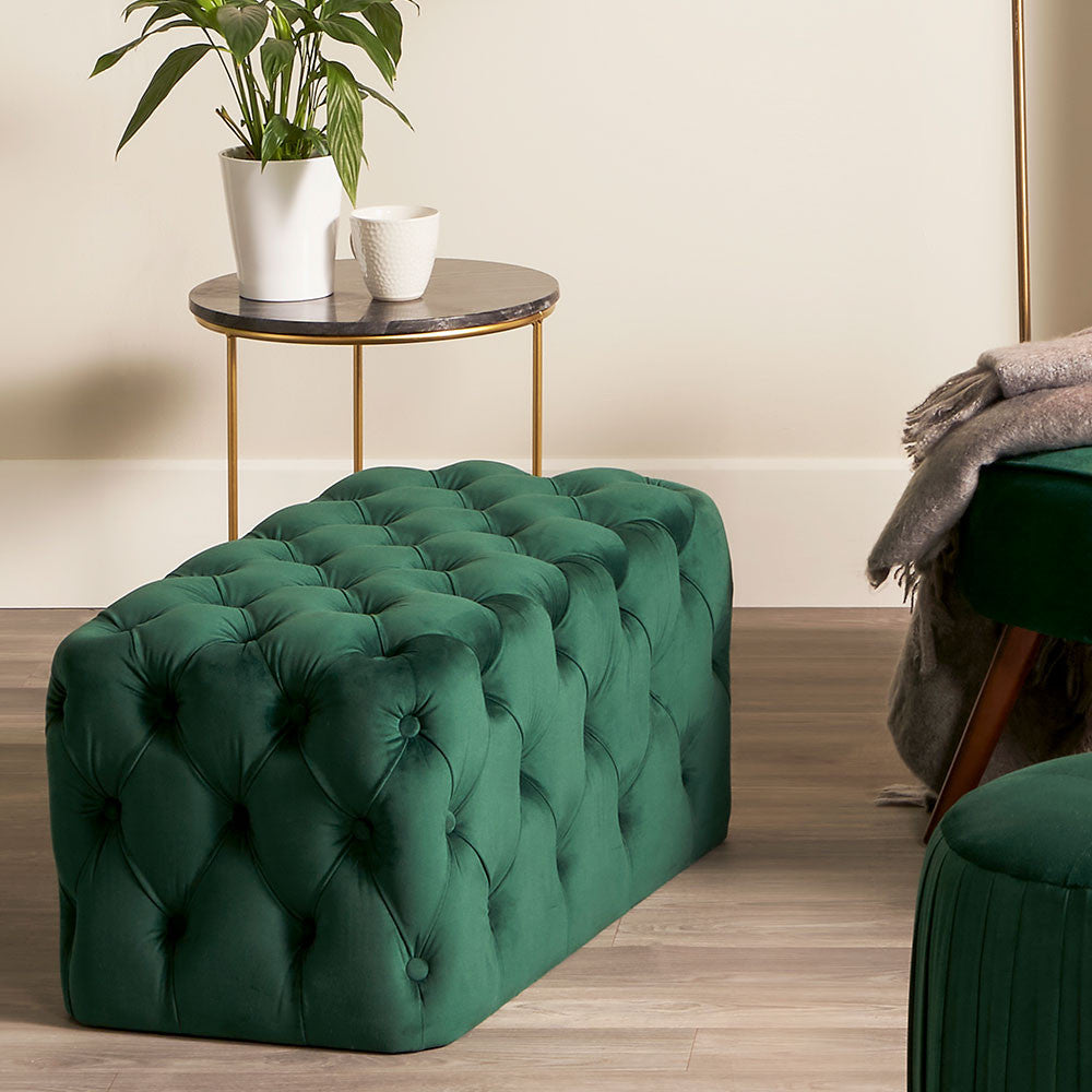 Velvet Buttoned Rectangular Ottoman - Available in Forest Green, Rasberry, Dove Grey, Sapphire Blue, Blush Pink, Black
