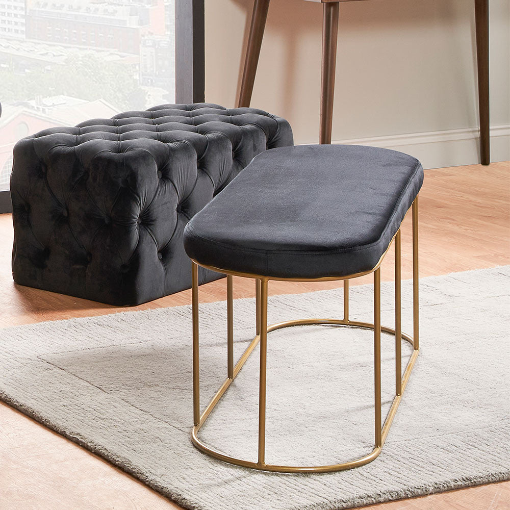 Nino Velvet Bench with Gold Metal Frame - Available in Black, Dove Grey & Tabacco