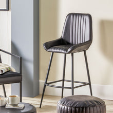 Load image into Gallery viewer, Angelo Leather and Iron Retro Bar Stool - Available in Steel Grey, Brown &amp; Prussian Blue
