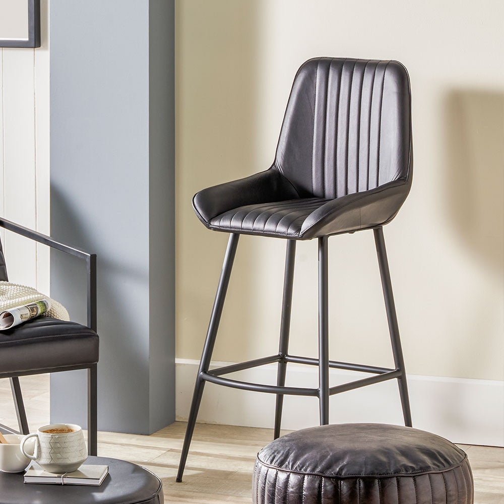 Angelo Leather and Iron Retro Bar Stool - Available in Steel Grey, Brown & Prussian Blue