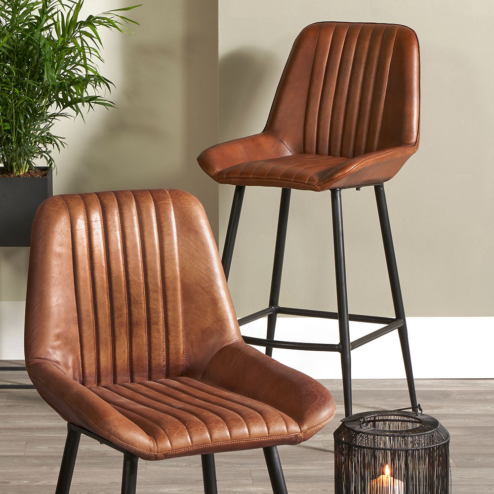 Angelo Leather and Iron Retro Bar Stool - Available in Steel Grey, Brown & Prussian Blue