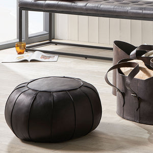 Giona Leather Round Pouffe - Available in Mahogany, Steel Grey & Sage Green