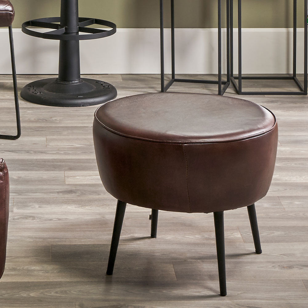 Donato Leather and Iron Stool - Available in Mahogany , Steel Grey & Sage Green