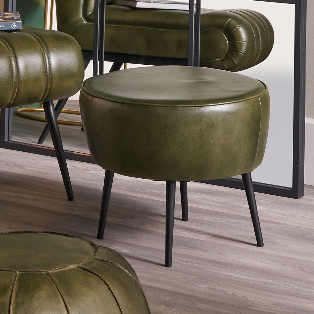 Donato Leather and Iron Stool - Available in Mahogany , Steel Grey & Sage Green