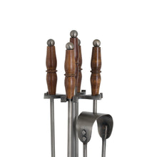 Load image into Gallery viewer, Hand Turned Fire Companion Set In Antique Pewter With Wooden Handles
