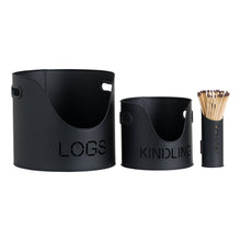 Load image into Gallery viewer, Black Finish Logs And Kindling Buckets &amp; Matchstick Holder
