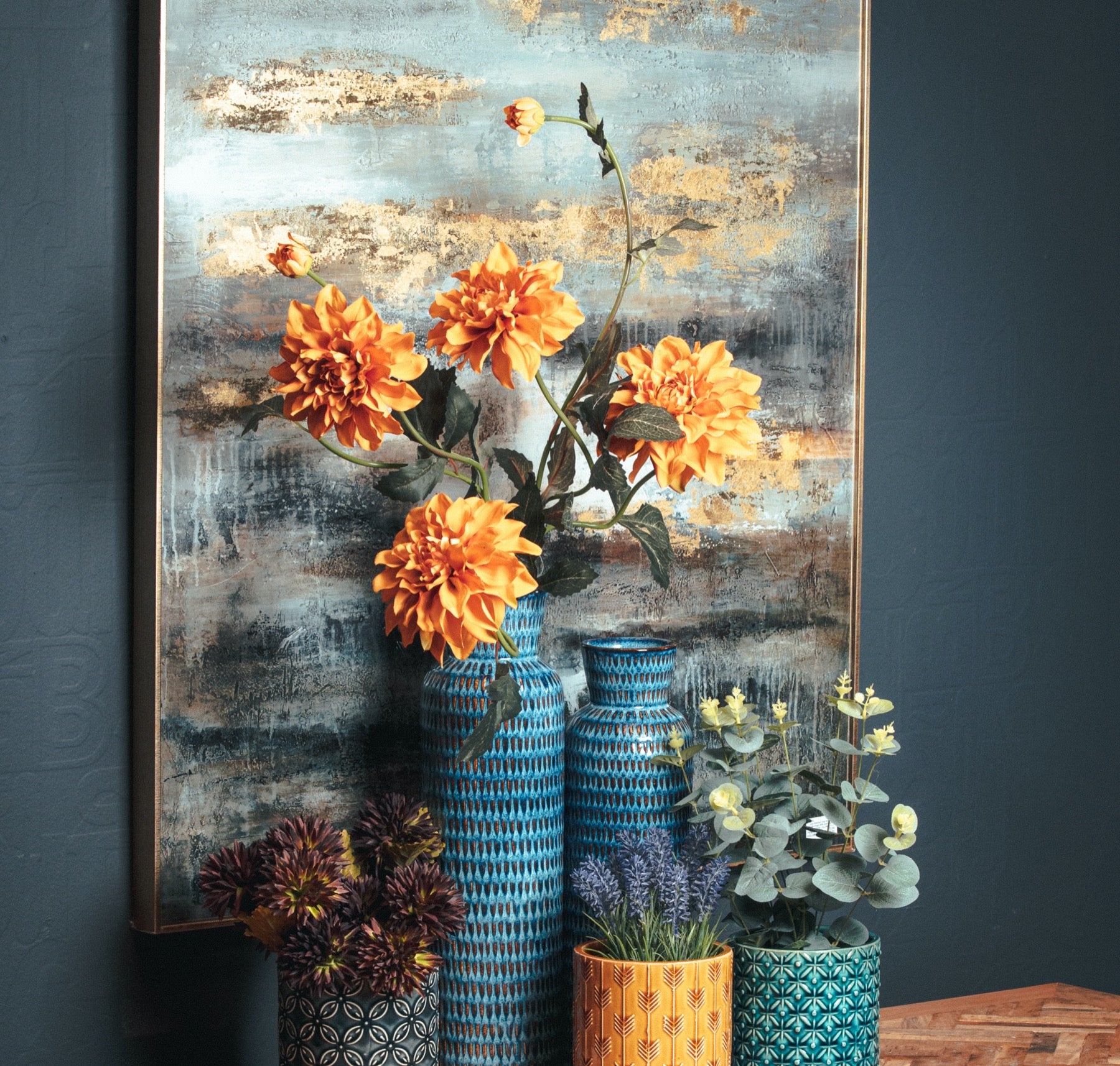 Glamorous Abstract Grey and Gold Glass Image with Gold Frame