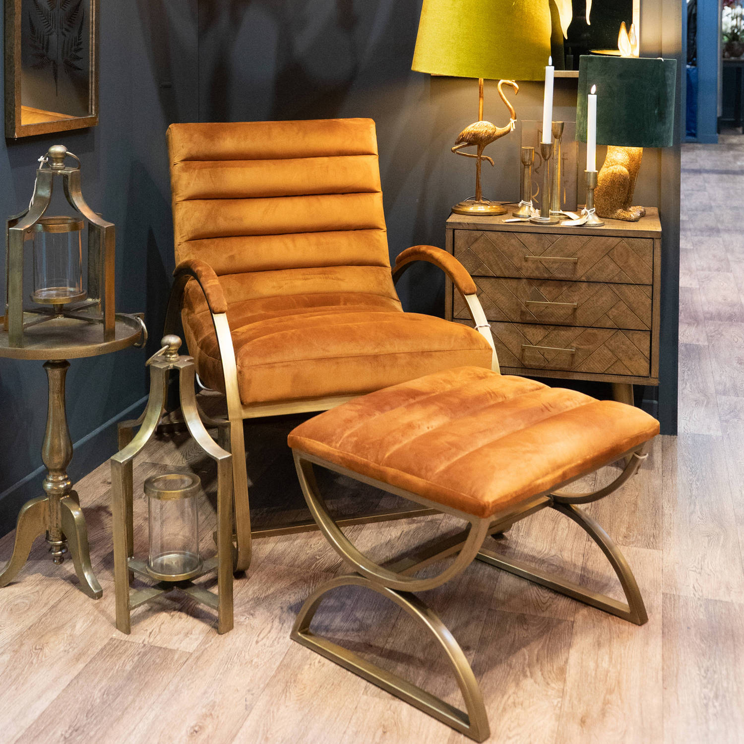 Burnt Orange And Brass Ribbed Ark Footstool - Chair Available