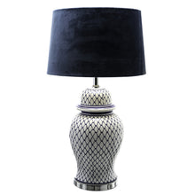 Load image into Gallery viewer, Malabar Blue And White Ceramic Lamp With Blue Velvet Shade
