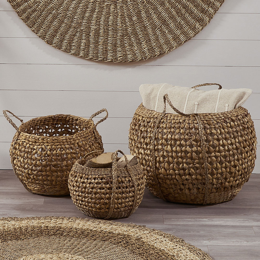 Woven Water Hyacinth S/3 Handled Round Baskets