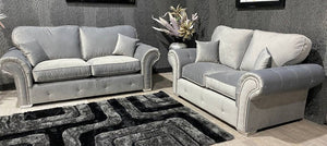 Oakland 3+2 Silver Plush Velvet Fabric Sofa Set With Subtle Button Detailing And Chrome Legs