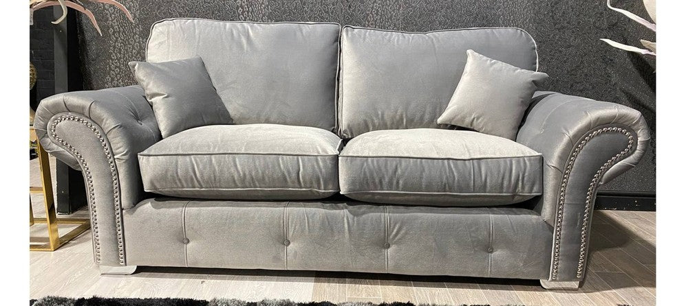 Oakland 3+2 Silver Plush Velvet Fabric Sofa Set With Subtle Button Detailing And Chrome Legs