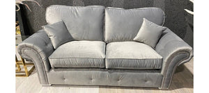 Oakland 3+2 Silver Plush Velvet Fabric Sofa Set With Subtle Button Detailing And Chrome Legs