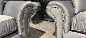 Oakland 3+2 Silver Plush Velvet Fabric Sofa Set With Subtle Button Detailing And Chrome Legs