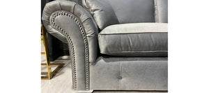 Oakland 3+2 Silver Plush Velvet Fabric Sofa Set With Subtle Button Detailing And Chrome Legs