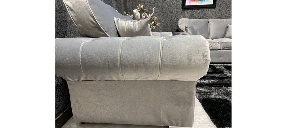 Oakland 3+2 Silver Plush Velvet Fabric Sofa Set With Subtle Button Detailing And Chrome Legs