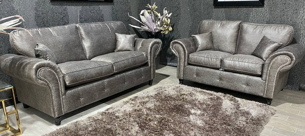 Oakland 3+2 Buffalo Grey Buffalo Faux Leather With Subtle Button Detailing And Chrome Legs