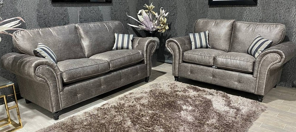 Oakland 3+2 Buffalo Grey Buffalo Faux Leather With Subtle Button Detailing And Chrome Legs
